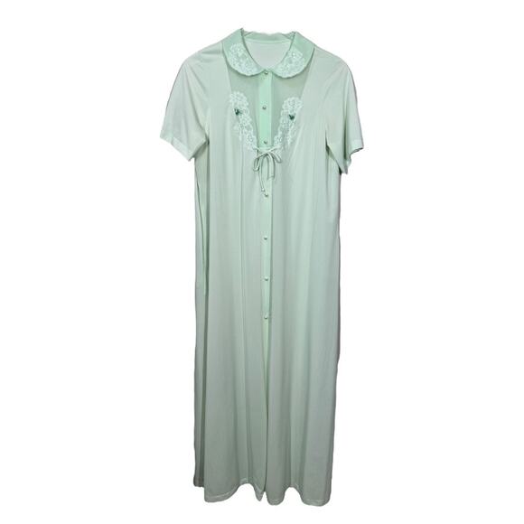 Vintage Shadowline Mint Green Nightgown Small Nylon Lace Floral Robe Sleepwear - Picture 1 of 6